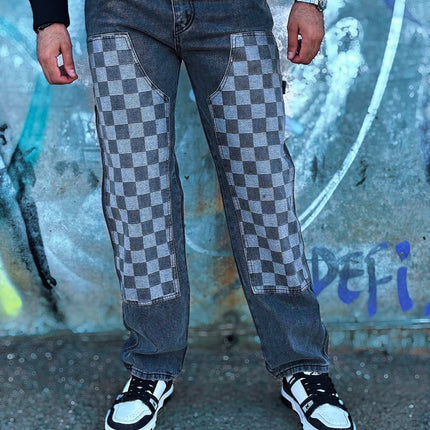 PANTALÓN DENIM URBANO CON DISEÑO DE CUADROS