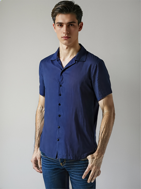 CAMISA DE LINO CORTA AZUL MARINO