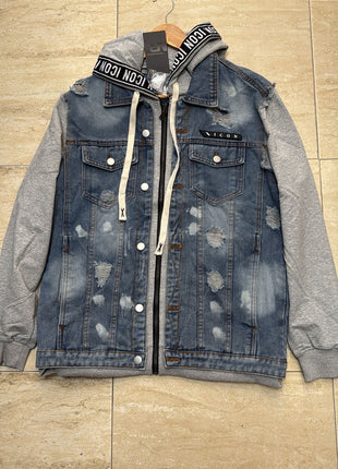 CHAQUETA DENIM CON CAPUCHA GRIS “ICON”