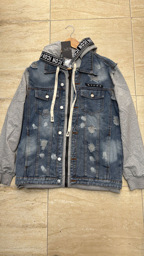CHAQUETA DENIM CON CAPUCHA GRIS “ICON”